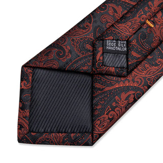 Classy Black Red Floral Silk Necktie Pocket Square Cufflinks Set