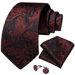 Classy Black Red Floral Silk Necktie Pocket Square Cufflinks Set