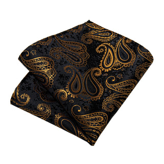 New Black Golden Paisley Silk Men's Necktie Pocket Square Cufflinks Set