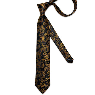 New Black Golden Paisley Silk Men's Necktie Pocket Square Cufflinks Set