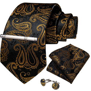 New Black Golden Paisley Silk Men's Necktie Pocket Square Cufflinks Set