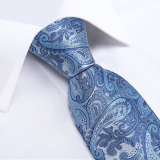 Luxury Silver Blue Floral Silk Necktie Pocket Square Cufflinks Set