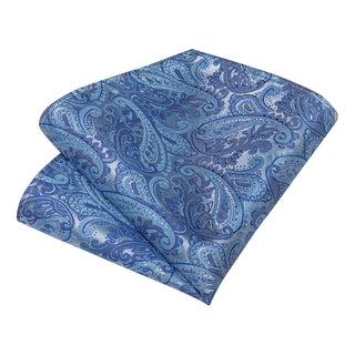 Luxury Silver Blue Floral Silk Necktie Pocket Square Cufflinks Set