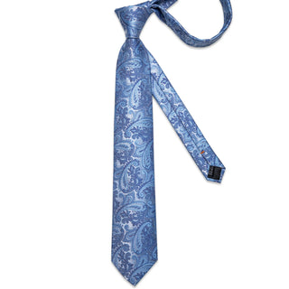 Luxury Silver Blue Floral Silk Necktie Pocket Square Cufflinks Set