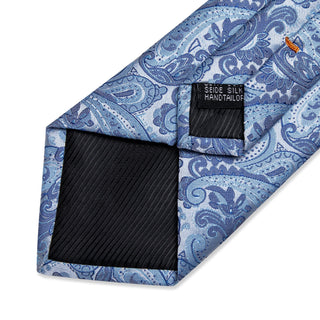 Luxury Silver Blue Floral Silk Necktie Pocket Square Cufflinks Set