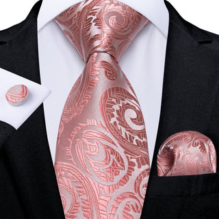 Luxury Pink Floral Silk Necktie Pocket Square Cufflinks Set