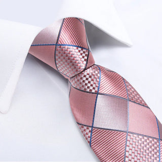 New Pink Lattice Silk Necktie Pocket Square Cufflinks Set