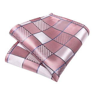 New Pink Lattice Silk Necktie Pocket Square Cufflinks Set