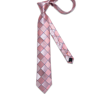 New Pink Lattice Silk Necktie Pocket Square Cufflinks Set