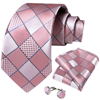 New Pink Lattice Silk Necktie Pocket Square Cufflinks Set