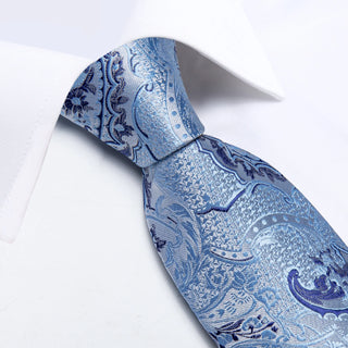 New Classy Azure Floral Silk Necktie Pocket Square Cufflinks Set