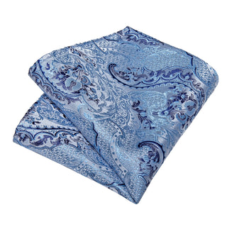 New Classy Azure Floral Silk Necktie Pocket Square Cufflinks Set