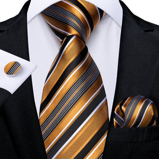 Black Golden Striped Silk Necktie Pocket Square Cufflinks Set