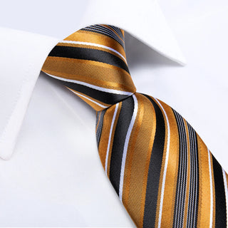 Black Golden Striped Silk Necktie Pocket Square Cufflinks Set