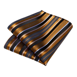 Black Golden Striped Silk Necktie Pocket Square Cufflinks Set