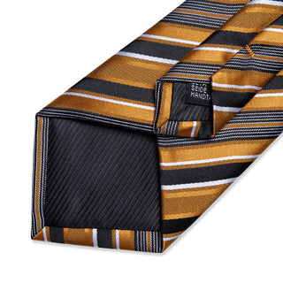 Black Golden Striped Silk Necktie Pocket Square Cufflinks Set