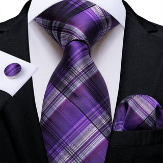 Purple Black Plaid Silk Necktie Pocket Square Cufflinks Set