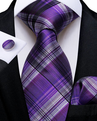 Purple Black Plaid Silk Necktie Pocket Square Cufflinks Set