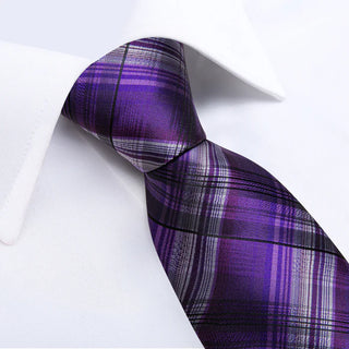 Purple Black Plaid Silk Necktie Pocket Square Cufflinks Set