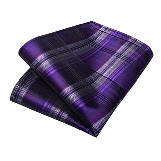 Purple Black Plaid Silk Necktie Pocket Square Cufflinks Set