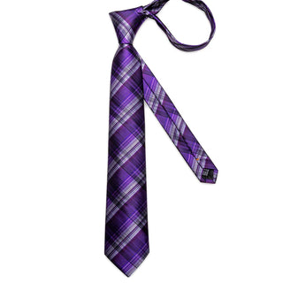 Purple Black Plaid Silk Necktie Pocket Square Cufflinks Set