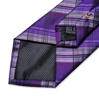 Purple Black Plaid Silk Necktie Pocket Square Cufflinks Set