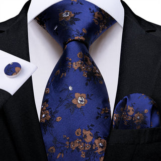 New Blue Floral Silk Necktie Pocket Square Cufflinks Set