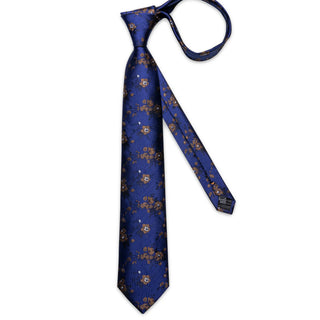 New Blue Floral Silk Necktie Pocket Square Cufflinks Set