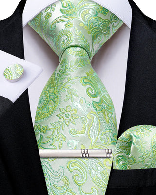 Tender Green Floral Silk Necktie Pocket Square Cufflinks Set