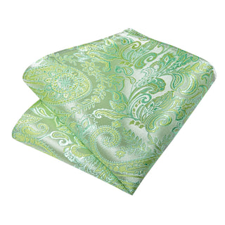 Tender Green Floral Silk Necktie Pocket Square Cufflinks Set