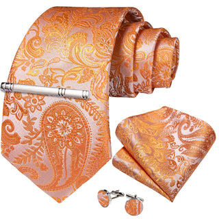 Orange Floral Silk Necktie Pocket Square Cufflinks Set