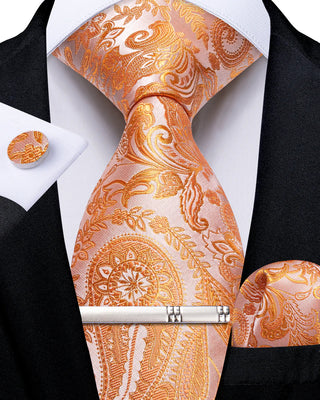 Orange Floral Silk Necktie Pocket Square Cufflinks Set