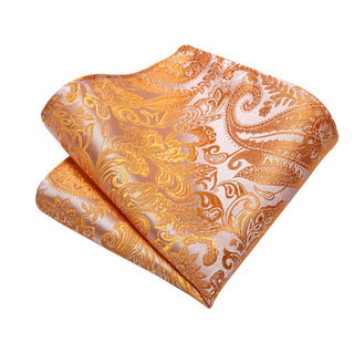 Orange Floral Silk Necktie Pocket Square Cufflinks Set