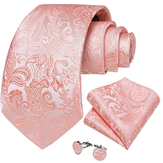 New Pink Floral Silk Necktie Pocket Square Cufflinks Set