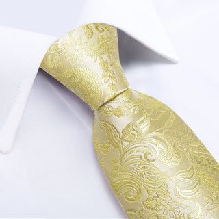 New Yellow Floral Silk Necktie Pocket Square Cufflinks Set