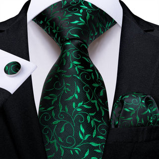 Black Green Floral Leaf Silk Necktie Pocket Square Cufflinks Set