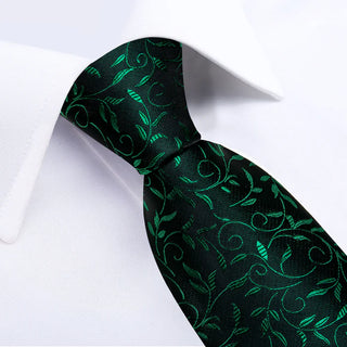 Black Green Floral Leaf Silk Necktie Pocket Square Cufflinks Set