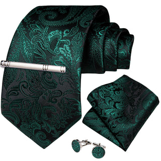 Dark Green Floral Silk Necktie Pocket Square Cufflinks Set