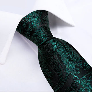 Dark Green Floral Silk Necktie Pocket Square Cufflinks Set