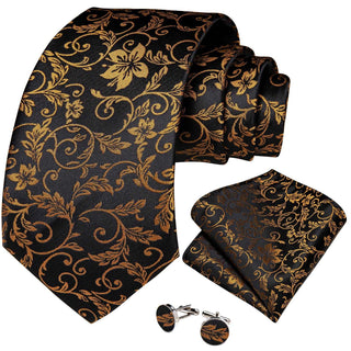 Brown Golden Floral Men's Silk Necktie Pocket Square Cufflinks Set