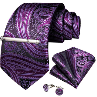 Purple Floral Silk Necktie Pocket Square Cufflinks Set