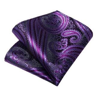 Purple Floral Silk Necktie Pocket Square Cufflinks Set
