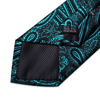 Blue Black Floral Silk Necktie Pocket Square Cufflinks Set