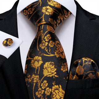 Black Golden Floral Silk Necktie Pocket Square Cufflinks Set