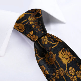 Black Golden Floral Silk Necktie Pocket Square Cufflinks Set