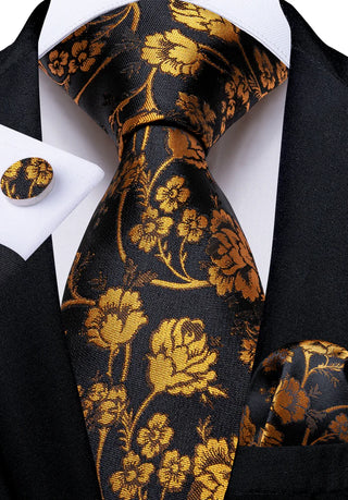 Black Golden Floral Silk Necktie Pocket Square Cufflinks Set