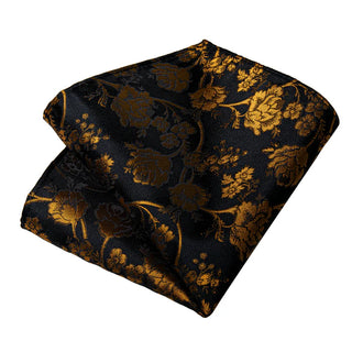 Black Golden Floral Silk Necktie Pocket Square Cufflinks Set