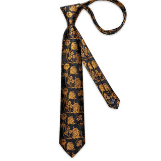 Black Golden Floral Silk Necktie Pocket Square Cufflinks Set