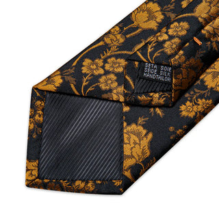 Black Golden Floral Silk Necktie Pocket Square Cufflinks Set