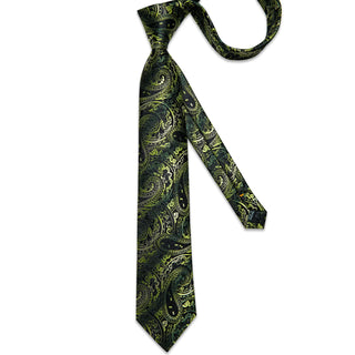 Classic Black Green Floral Silk Necktie Pocket Square Cufflinks Set